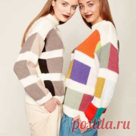 Свитер с большими квадратами Оригинальная модель женского свитера, связанного на спицах 6 мм в технике интарсия. Для вязания всех деталей пуловера в описании даны...