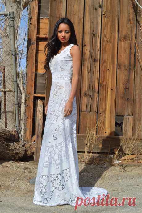 Vintage Sheer Crochet Scallop Lace Hippie Boho WEDDING Maxi Dress W/ Mini Train