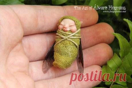 Green winged baby faerie - fantasy ooak art doll fairy baby