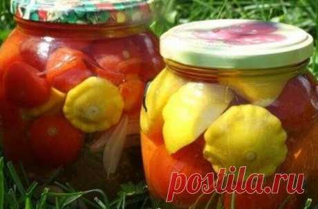 Патиссоны, маринованные с помидорами (заготовки, без стерилизации) Патиссон относят к диетическим продуктам (на 100 г приходится всего около 20 ккал), поэтому не забывайте о нем и готовьте разные блюда с ним. Его можно заготовить и на зиму. Например, с помидорами по рецепту, который вам предлагаю.