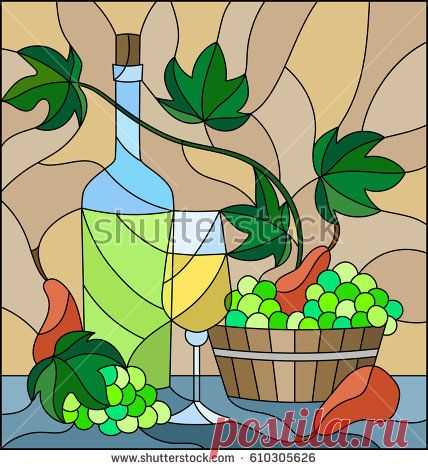The illustration in stained glass style with a still life, a bottle of white wine, glass and grapes on a beige background