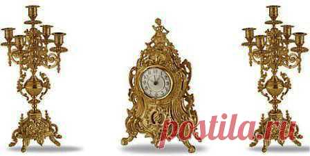 Набор "Часы (24х40см) + 2 канделябра (17х43см)" , Stilars (интерьерные аксессуары), Аксессуары из блестящей латуни, Часы