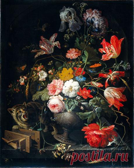 АБРАХАМ МИНЬОН. НАТЮРМОРТ С КОТОМ И ПАДАЮЩЕЙ ВАЗОЙ С ЦВЕТАМИ: nikonova_alina — ЖЖ
