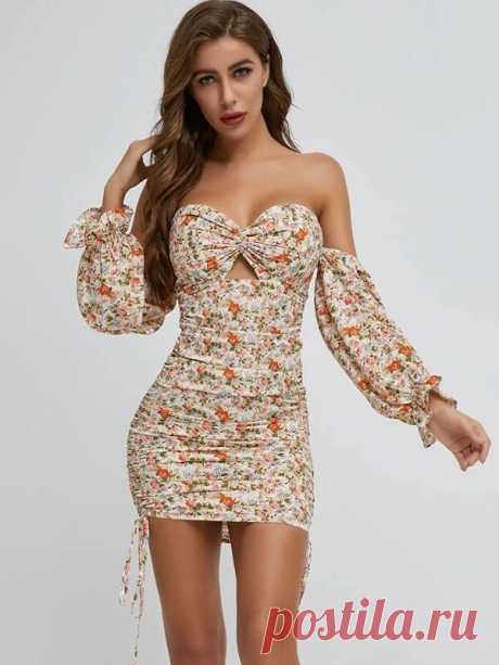 SBetro Twist Front Peekaboo Drawstring Side Ruched Bardot Dress