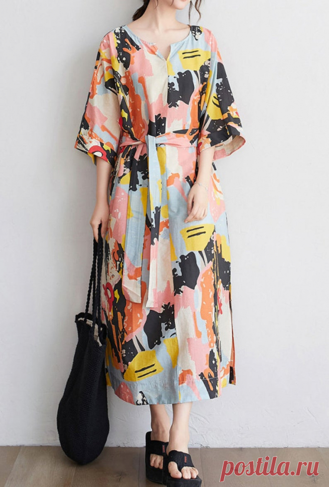 Loose Printed dress Half sleeve Midi Dress long summer | Etsy