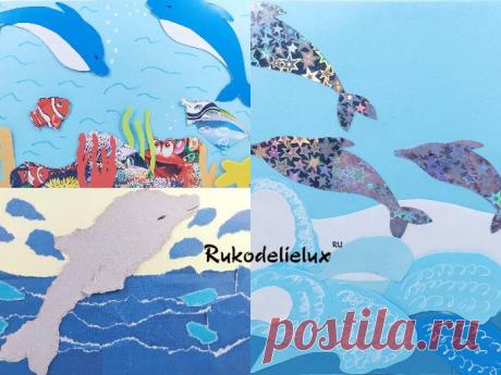 Аппликации дельфинов из бумаги: стайка, обрывная, в море — шаблоны для детей