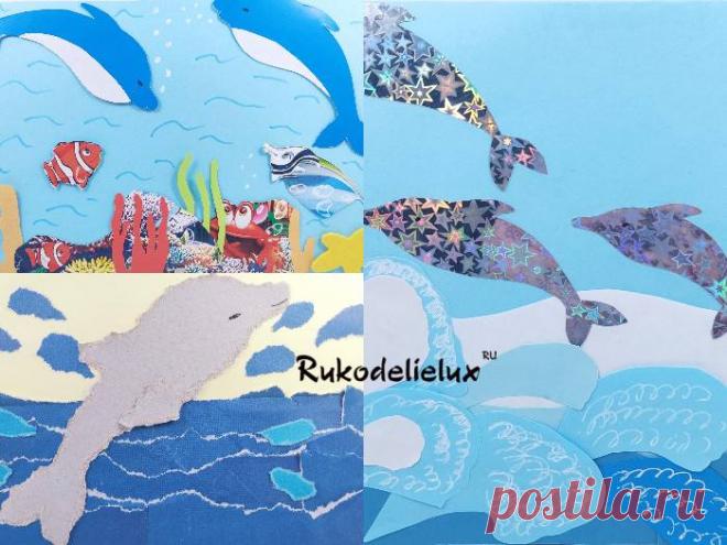 Аппликации дельфинов из бумаги: стайка, обрывная, в море — шаблоны для детей