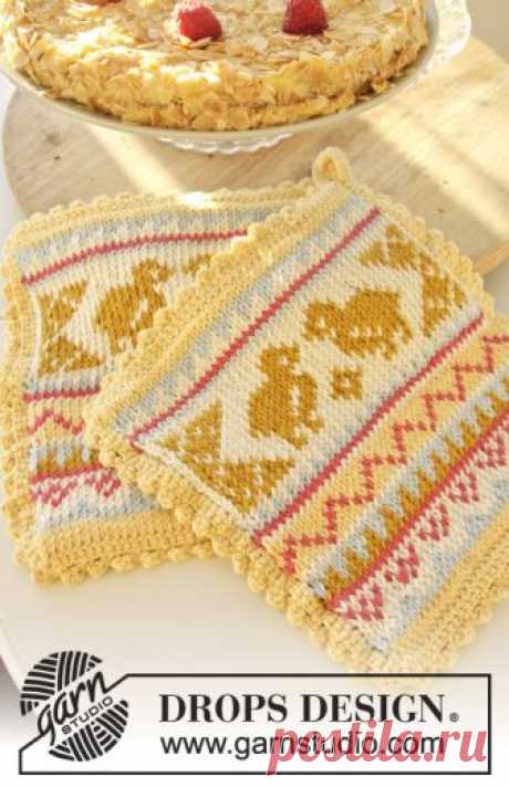 Kitchen Chicks / DROPS Extra 0-1096 - Free knitting patterns by DROPS Design DROPS Easter: Knitted DROPS pot holders with chicken pattern in ”Paris”.