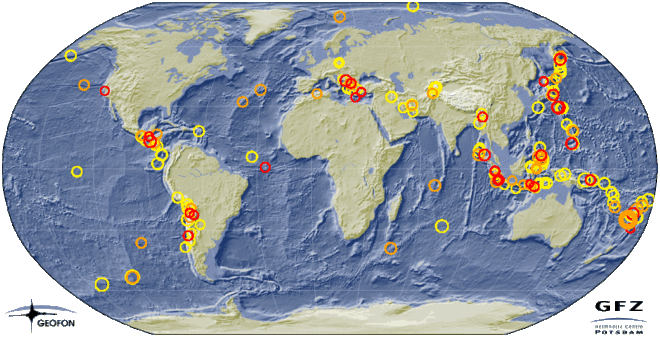 Карта землетрясений онлайн. Зоны сейсмоактивности онлайн. Мониторинг.