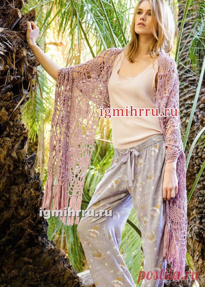 Розовый палантин из цветочных мотивов. Вязание крючком