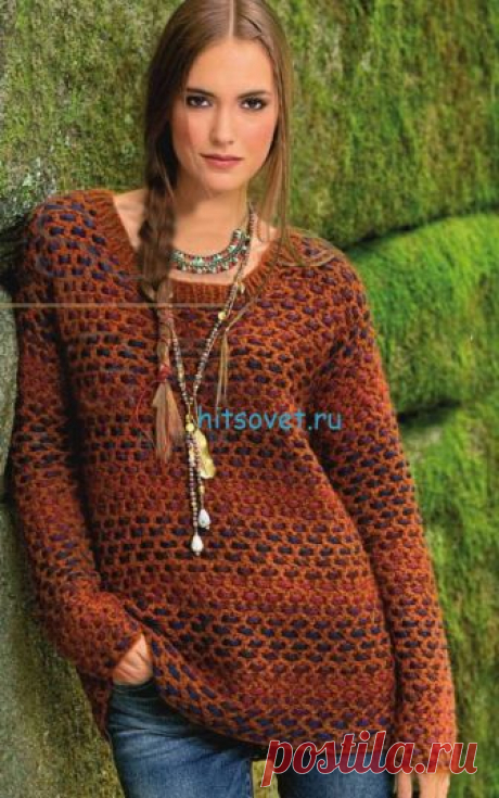 Вязание пуловера крючком филейным узором - Хитсовет Вязание пуловера крючком филейным узором. Для вязания пуловера Вам потребуется: 300 (350) 400 г рыжей пряжи Yak Merino (30% овечьей шерсти, 28% шерсти альпака, 22% полиамида, 20% шерсти яка, 110 м/50 г); 150 г сине-рыжей пряжи секционного крашения Loop (80% овечьей шерсти, 20% полиамида, 50 м/50 г); крючок и круговые спицы № 7.