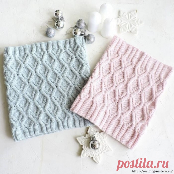 Снуд спицами с красивым узором в виде ромбов Набираем на спицы №3- 126+1 (140+1) петли, замыкаем в круг и поворачиваем вязание красивой стороной наборного ряда к себе.Вяжем 16 рядов резинки следующим образом: *1 лиц, 2 изн, 2 лиц, 4 изн, 2 лиц, 2 изн, 1 лиц, повторяем от * ещё 8 (9) раз. Можно высоту резинки менять, мне кажется, чем...