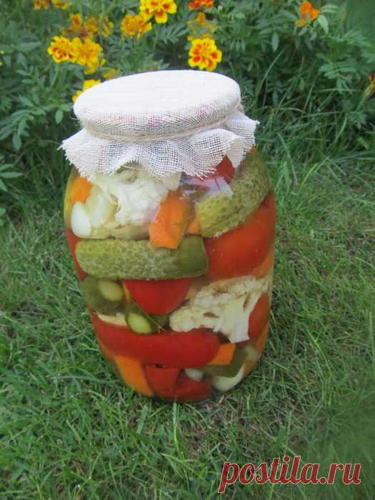 Овощное ассорти - как мариновать огурцы с помидорами, цветной капустой, кабачком и болгарским перцем, пошаговый рецепт с фото