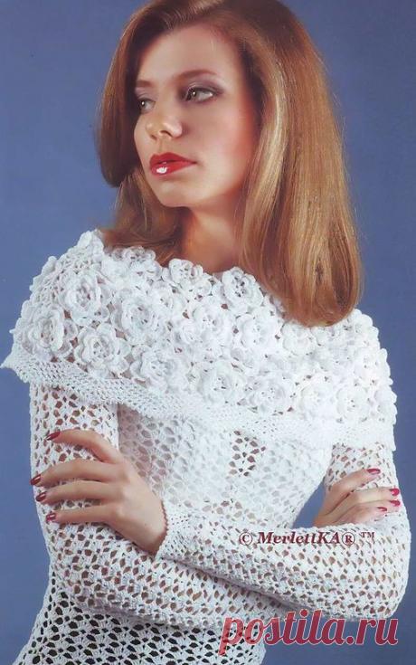 Пуловер ~ Изящество из белых роз ☆ вязание крючком в технике ирландского кружева