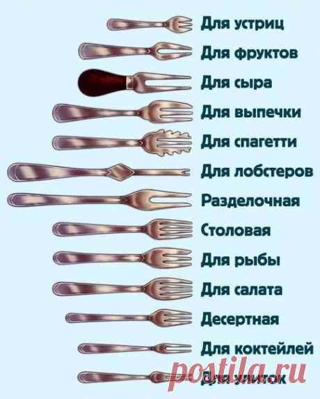 Даже и не думала, что есть столько разновидностей вилок.
Хозяйкам не помешает об этом знать.