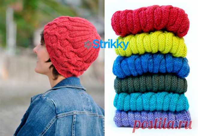 Шапка с красивым рельефным узором от Linda Daniels вязаная спицами