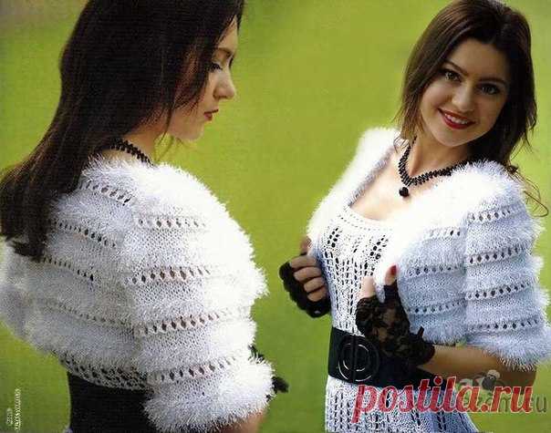 Белое болеро спицами
описание и схема по ссылке: http://povjazem.ru/vyazanie-dlya-zhenshchin/poncho-bo..