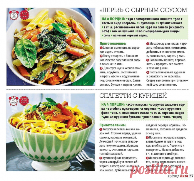 "Перья" с сырным соусом. Спагетти с курицей