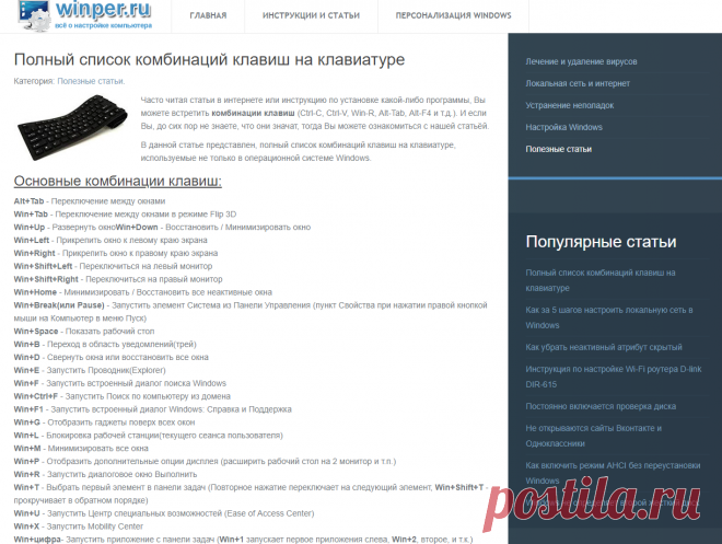Полный список комбинаций клавиш на клавиатуре