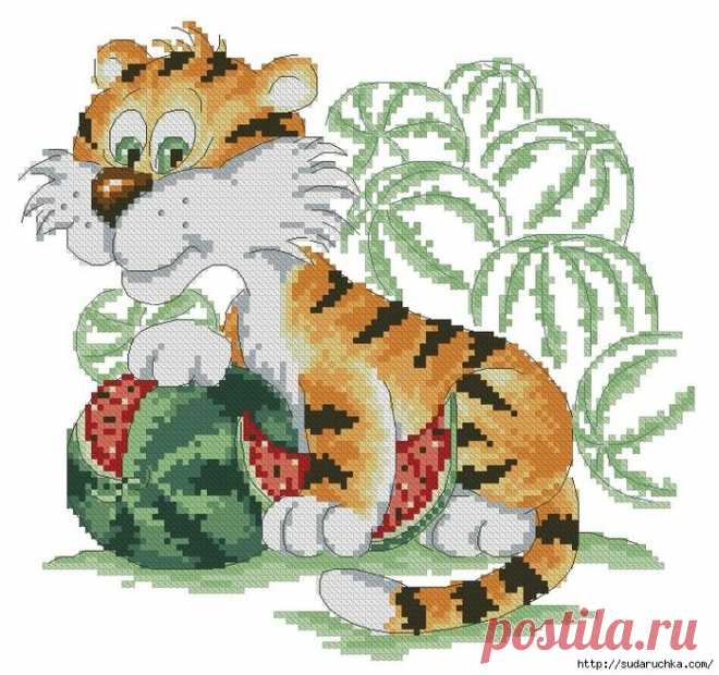 "Тигр и арбуз". Схема вышивки крестом.