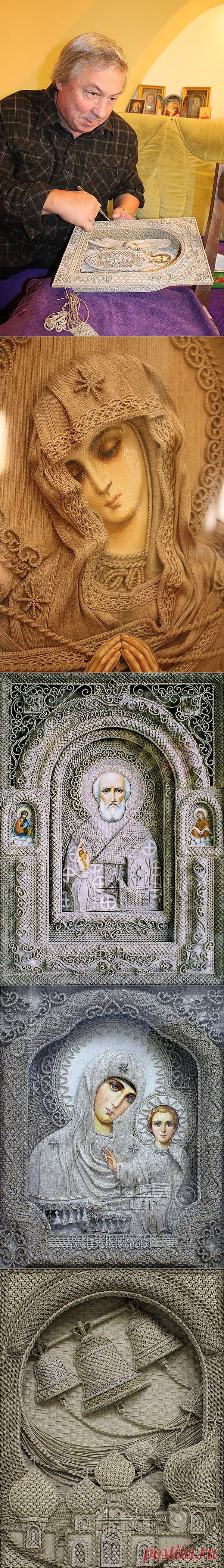 Православные иконы из льна от Владимира Денщикова.
КРАСОТА! Поражает то, что это делают мужские руки...Браво автору!