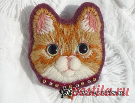 Брошки с кошечками. Вышивка теневой гладью