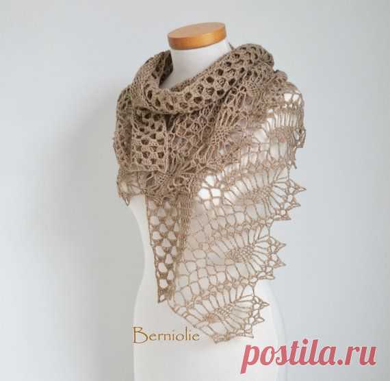 Crochet shawl, scarf, lace, Beige, merino/cotton, M212 | Вязание Крючком, Шаль и Шарфы