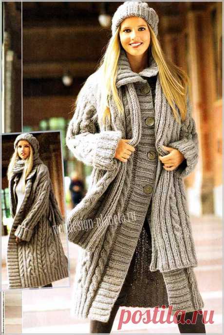 Пальто, шарф и шапочка с косами | Вязание спицами, вязание крючком | Мир увлечений современной женщины.