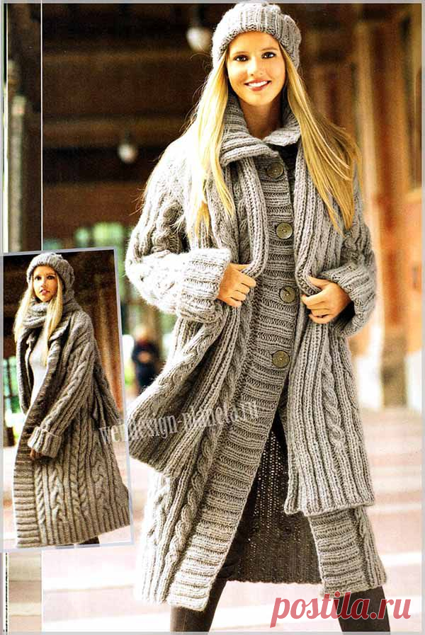 Пальто, шарф и шапочка с косами | Вязание спицами, вязание крючком | Мир увлечений современной женщины.
