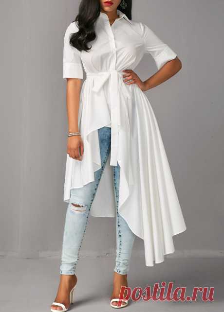 Asymmetric Hem Half Sleeve White Long Blouse | Rosewe.com - USD $39.17