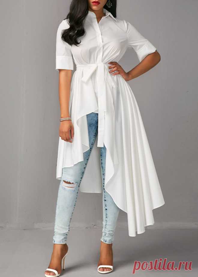 Asymmetric Hem Half Sleeve White Long Blouse | Rosewe.com - USD $39.17