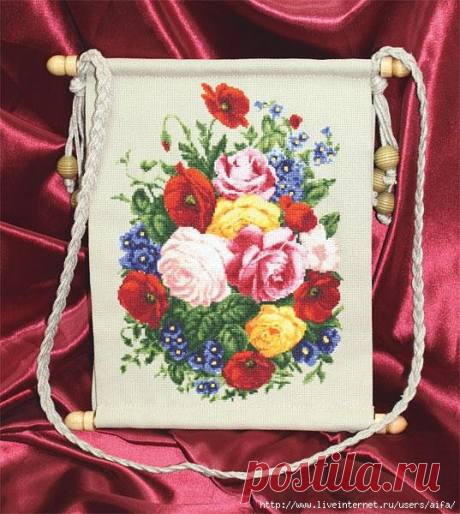Вышивка крестом, схемы. Подвеска (сумка), лён, розы