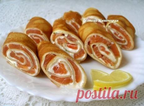 Как приготовить рулетики из блинов с лососем. - рецепт, ингредиенты и фотографии