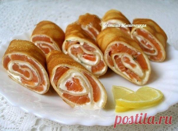 Как приготовить рулетики из блинов с лососем. - рецепт, ингредиенты и фотографии