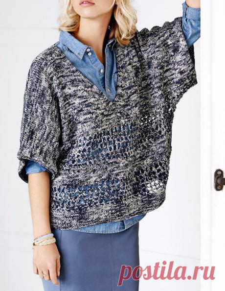 Широкий пуловер-безрукавка с полосами сетчатым узором. Спицами. / Сайт Люди Вяжут