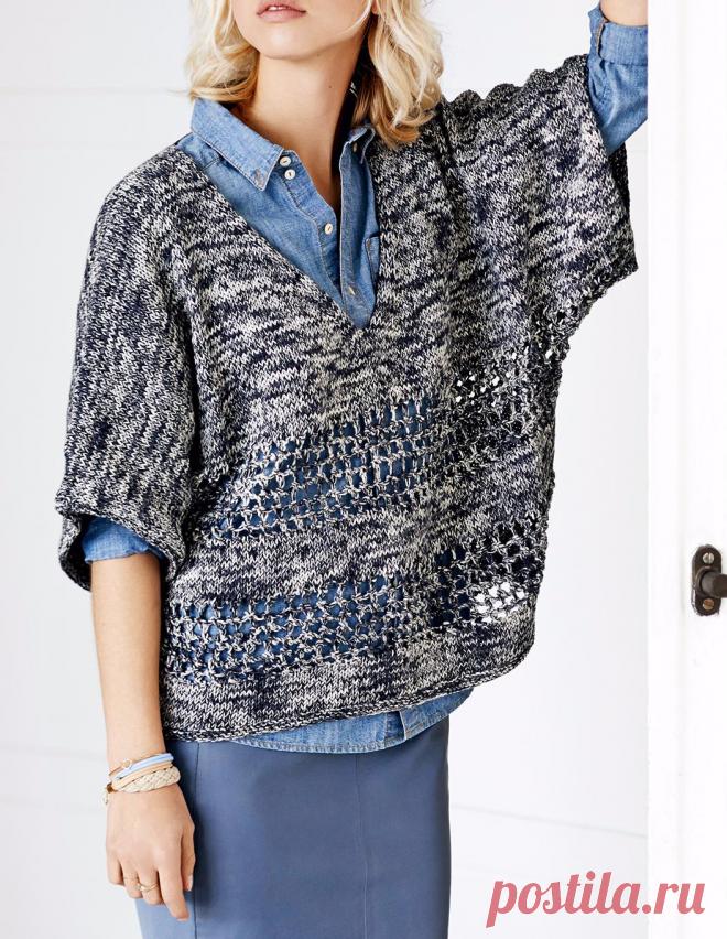 Широкий пуловер-безрукавка с полосами сетчатым узором. Спицами. / Сайт Люди Вяжут