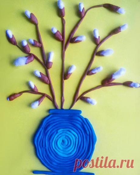 Аппликация на тему весна "Верба", выполненная из пластилина и ватных палочек. #8марта@roditeli_i