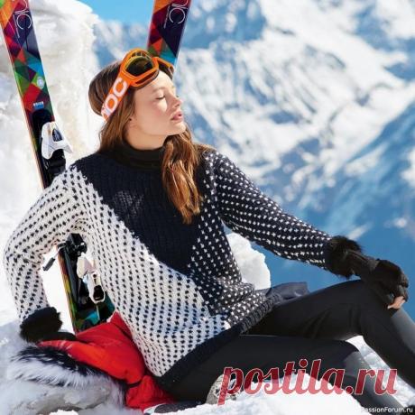 Черно-белый свитер с треугольной вставкой. Описание | Вязание для женщин спицами. Схемы вязания спицами