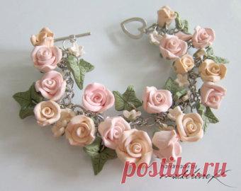 Burgundy Rose Charm Bracelet Polymer Clay от MadelineKdesign