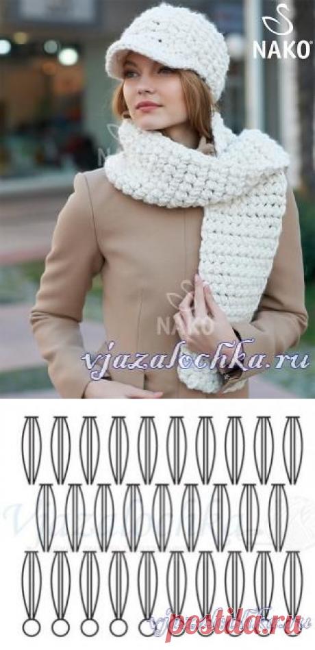 Женская шапка и шарф крючком, узором пышных столбиков