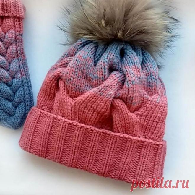 Детская шапка спицами с косами и градиентом. Мастер-классы