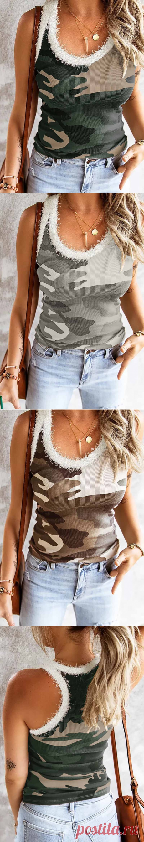 Camouflage Stitching Plush Neckline Tops - Cicicloth
