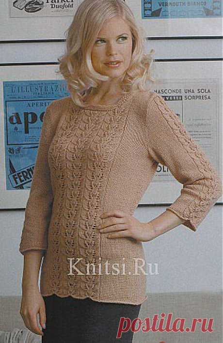 Бежевый пуловер с рукавами три четверти. Вязание для женщин / Пуловеры / Спицами