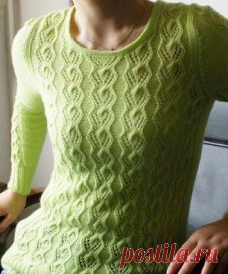 Ажурный узор с вертикальными полосами из кос для вязания спицами пуловеров / Банк идей