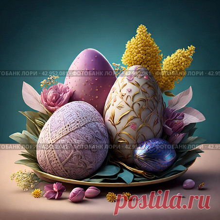A plate with a variety of colorful Easter eggs and flowers on it. The eggs are of different colors and sizes, and the flowers are yellow and purple pink. The arrangement gives off a festive and celebratory mood. Редакционное AI-изображение, AI-художник Ilaronsia / Фотобанк Лори