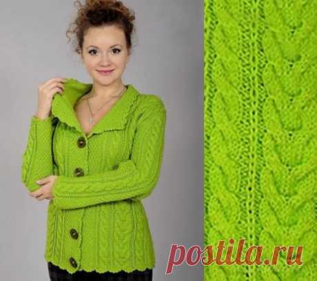 Зеленый жакет вязаный спицами, описание и схема по ссылке: https://ru4kami.ru/vyazhem-odezhdu/966-zhaket-spicami.html