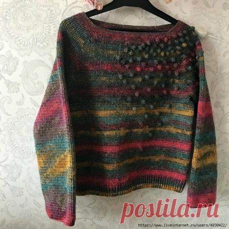 СВИТЕР С ШИШЕЧКАМИ.
Автор: mk.ot. oli https://www.instagram.com/mk.ot.oli/

От автора:
Свитерок получается тоненьким, то, что нужно для весны или осени!
Если Вы хотите, чтобы получился точно такой же свитер 44 размера - повторяйте за мной. Весь процесс вязания показываю подробно (набор начальной цепочки, подрезы, росток и обвязка горловины). НО  ВЫ можете использовать другую пряжу, более толстую, делать всё то же самое, как в этом МК, и у Вас получится свитер на 46 размер....