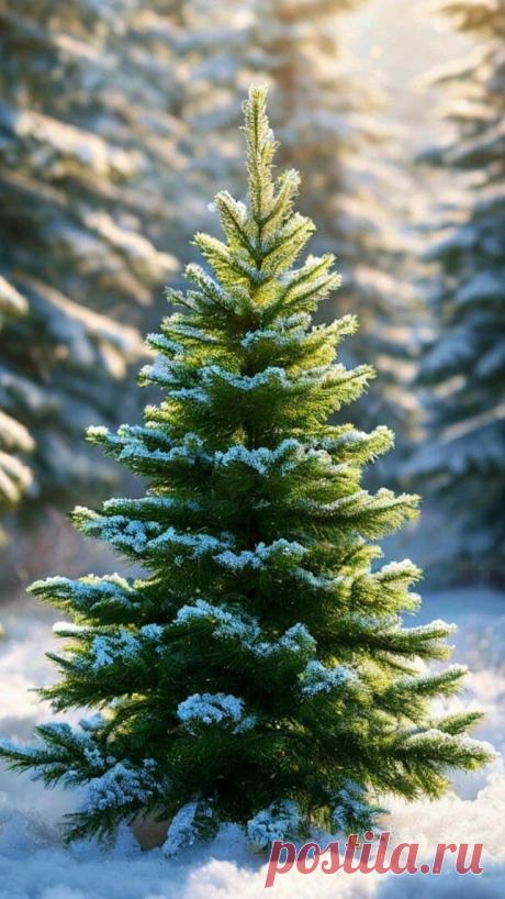 a small pine tree in the snow with sunlight shining through it's leaves and branches