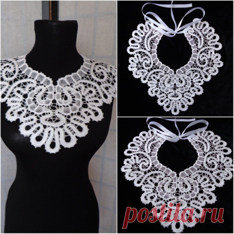 Воротник&quot;Манишка&quot; кружевной сплетён  на коклюшках. Нитки- хлопок белого цвета   Длина по обхвату-43см,ширина переда -16см. Завязки-на лентах