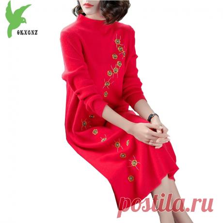 Вязаное платье Осенне зимняя Дамская обувь Вышивка пуловер платье Большие размеры свитер дна рубашки свободные теплые Повседневное Топы корректирующие okxgnz 1512 купить на AliExpress